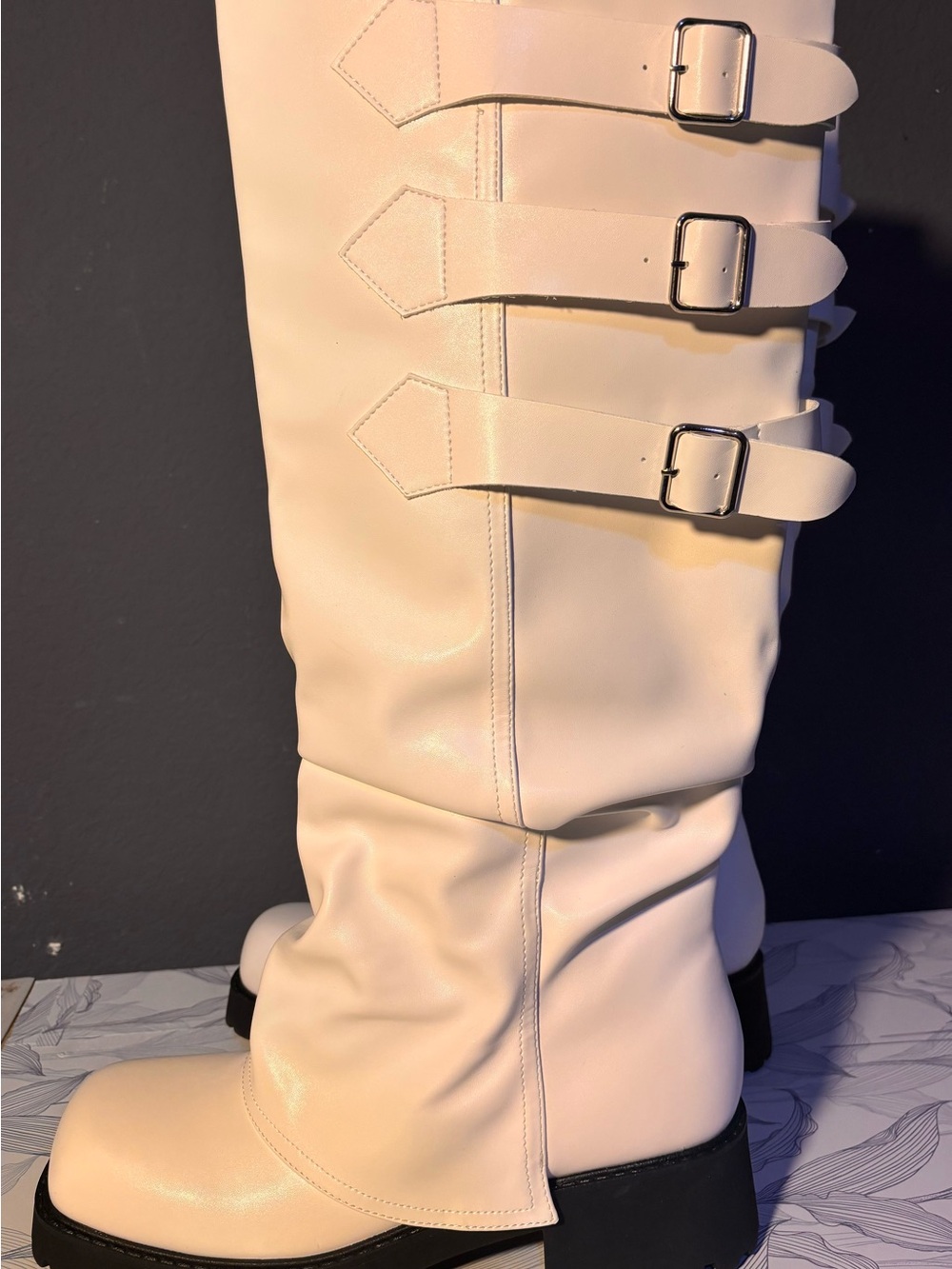 Women's Cream Moto Knee Boots with Buckle Straps